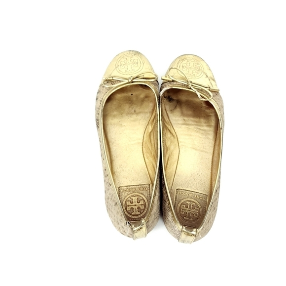 Tory Burch Verbena Snake Embossed Leather/Gold Patent Ballet Flat Size 7 - Picture 5 of 13
